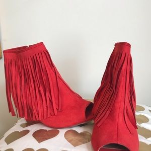 Red Hot Peep Toe Fringe Booties